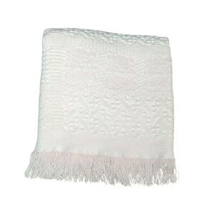 Vintage Baby Blanket Pink White Acrylic Fringe Teddy Bears Fancy Weave Japan
